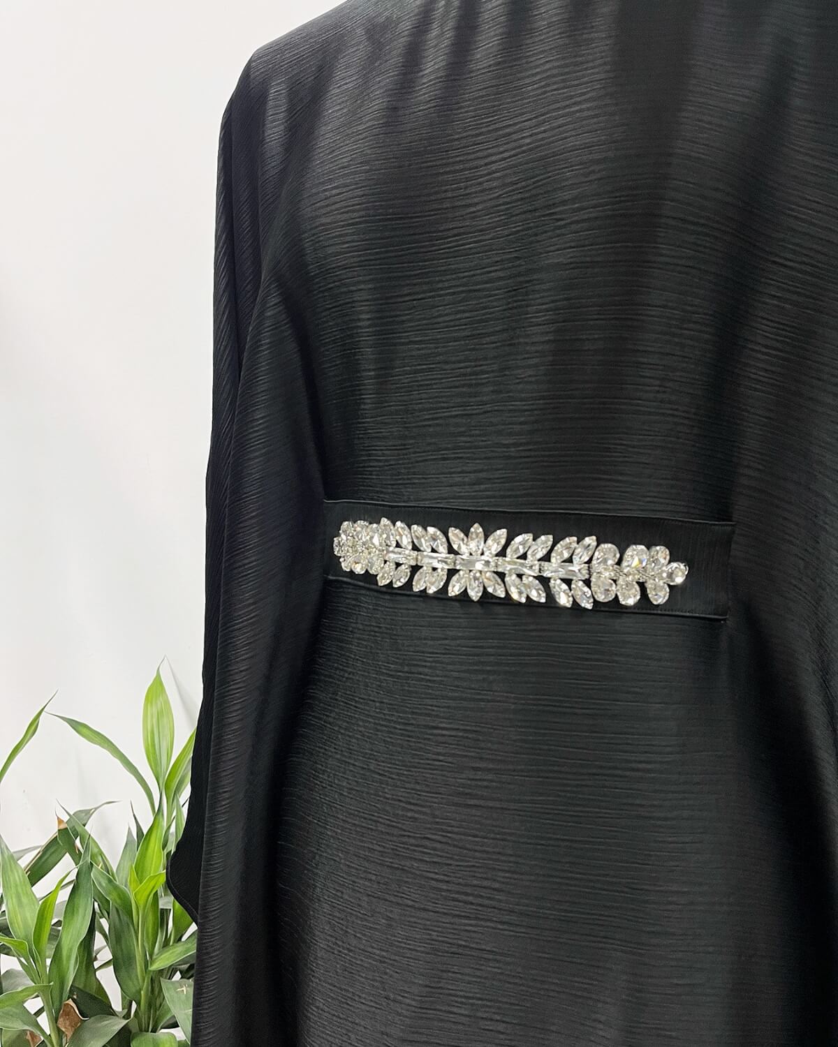 Elegant Satin Maxi Butterfly Abaya Crystal-Embellished Modest Dress