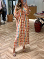 Aurohaya Unique Mosaic Printed Puff Sleeve Pleated Midi Dress Multi