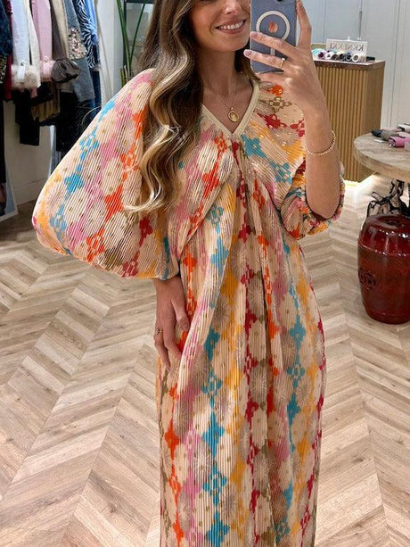 Aurohaya Unique Mosaic Printed Puff Sleeve Pleated Midi Dress