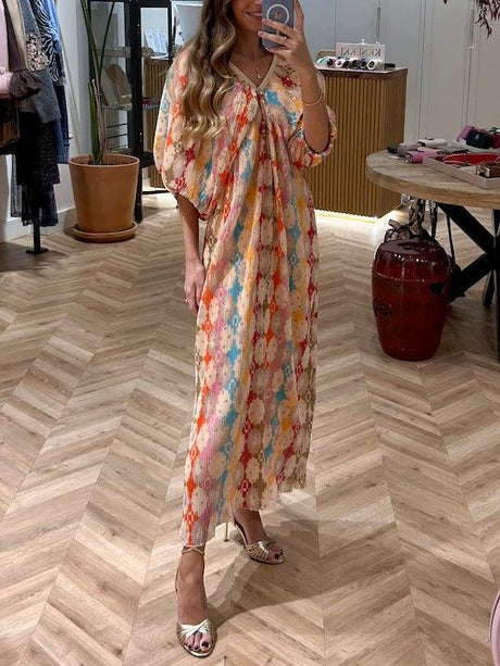 Aurohaya Unique Mosaic Printed Puff Sleeve Pleated Midi Dress