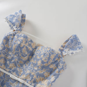 Aurohaya Gaëlle Blue Floral Embroidered Midi Dress