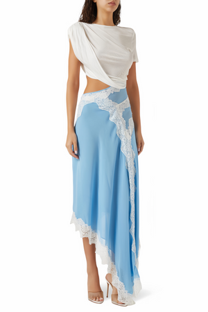 Aurohaya Fiamma Blue Gathered Lace Panel Maxi Dress