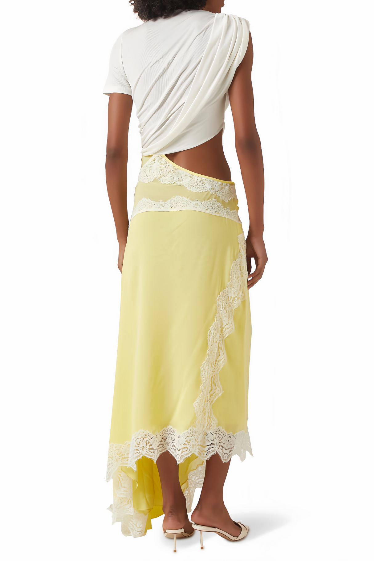 Aurohaya Fiamma Yellow Gathered Lace Panel Maxi Dress