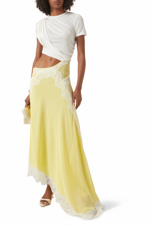 Aurohaya Fiamma Yellow Gathered Lace Panel Maxi Dress