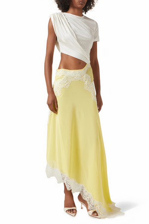 Aurohaya Fiamma Yellow Gathered Lace Panel Maxi Dress