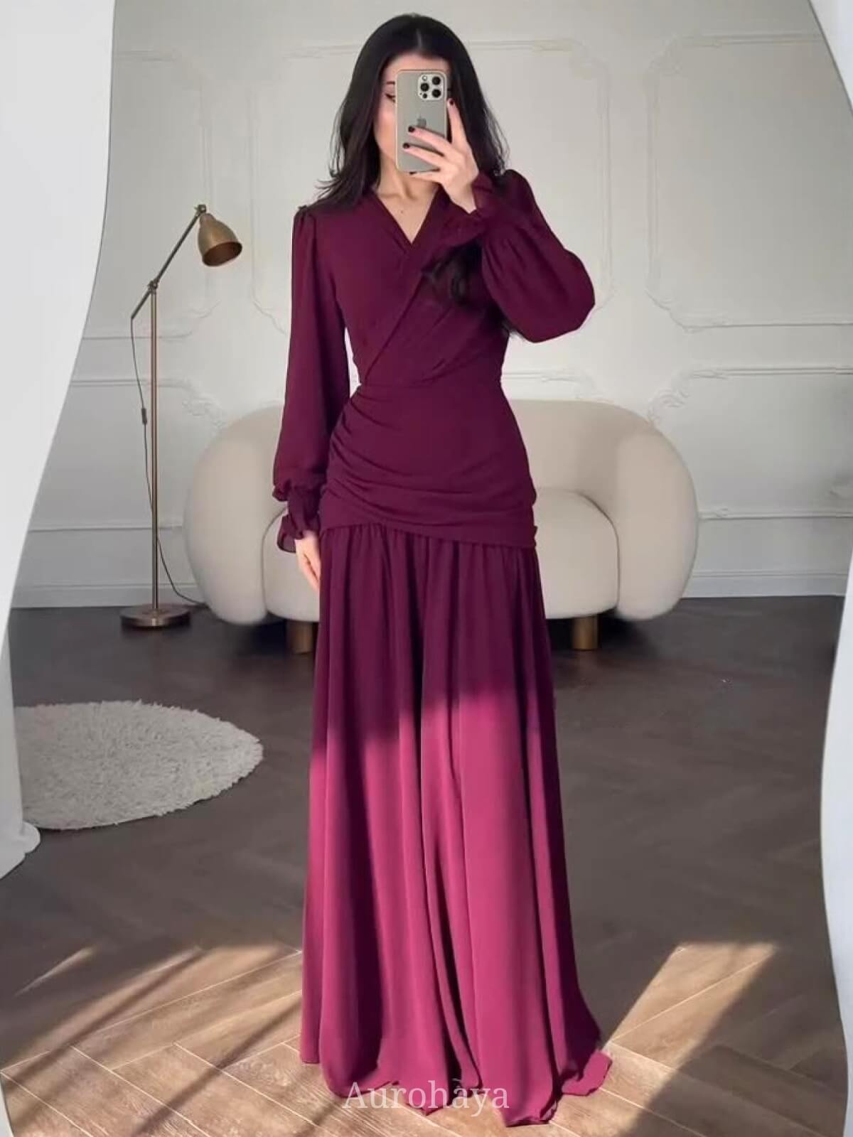 Chiffon Long Sleeve V-Neck Wrap Ruched Waist Maxi Dress