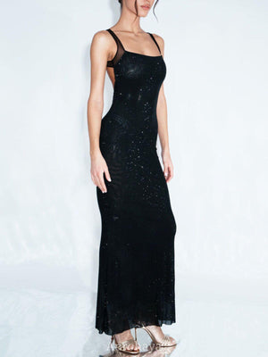 Aurohaya Vespertine Rhinestone Maxi Dress Backless Mesh Evening Gown