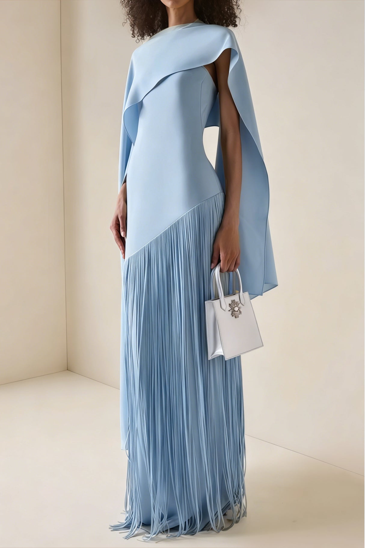Aurohaya Cayetana Sapphire Blue Fringe Maxi Dress with Cape Effect