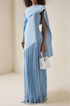Aurohaya Cayetana Sapphire Blue Fringe Maxi Dress with Cape Effect