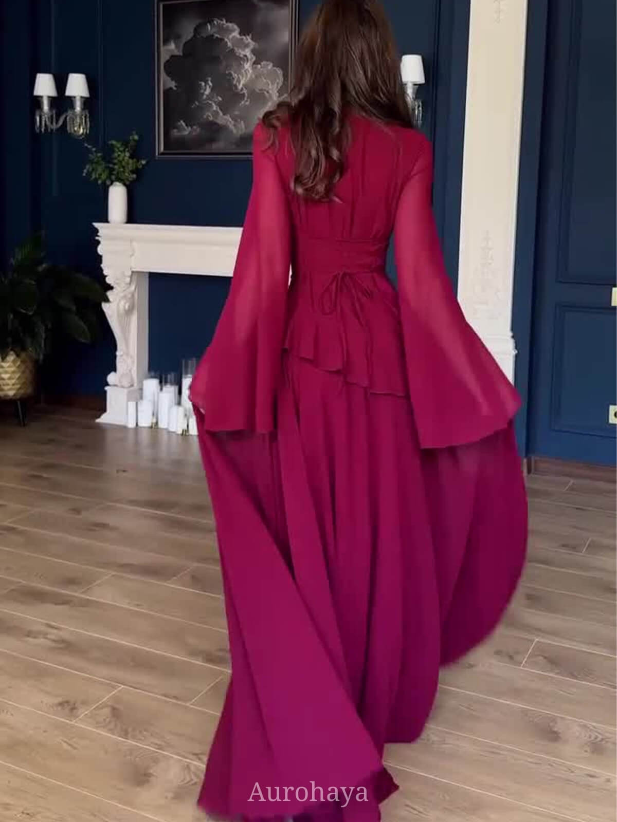Ruffle Trim Lace-Up Round Neck Long-Sleeve Maxi Dress