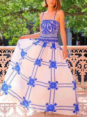Aurohaya Unique Painted Crochet Floral Print Midi Dress