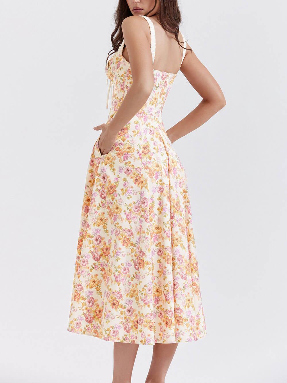 Aurohaya Suspender Patchwork Printed Lace-Up Midi Dress