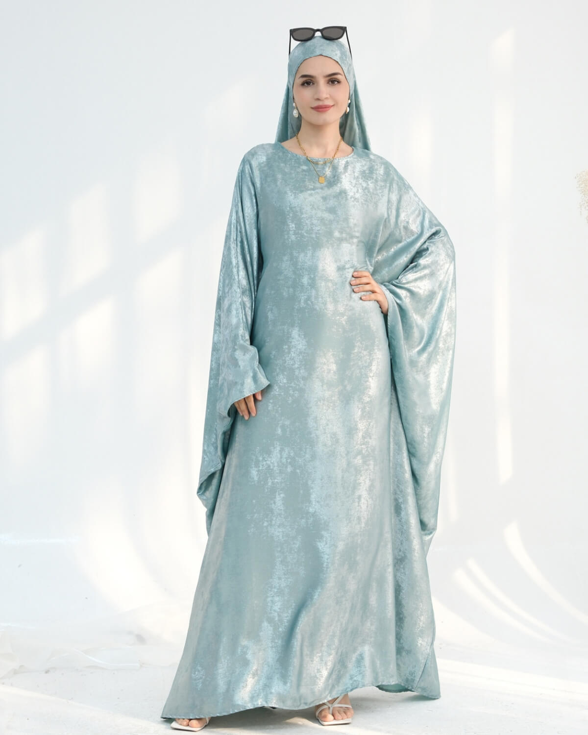 Satin Batwing Light Blue Butterfly Abaya with Hijab