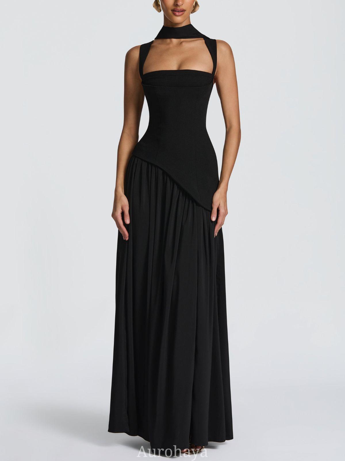 Aurohaya Solène Asymmetrical Maxi Gown Black