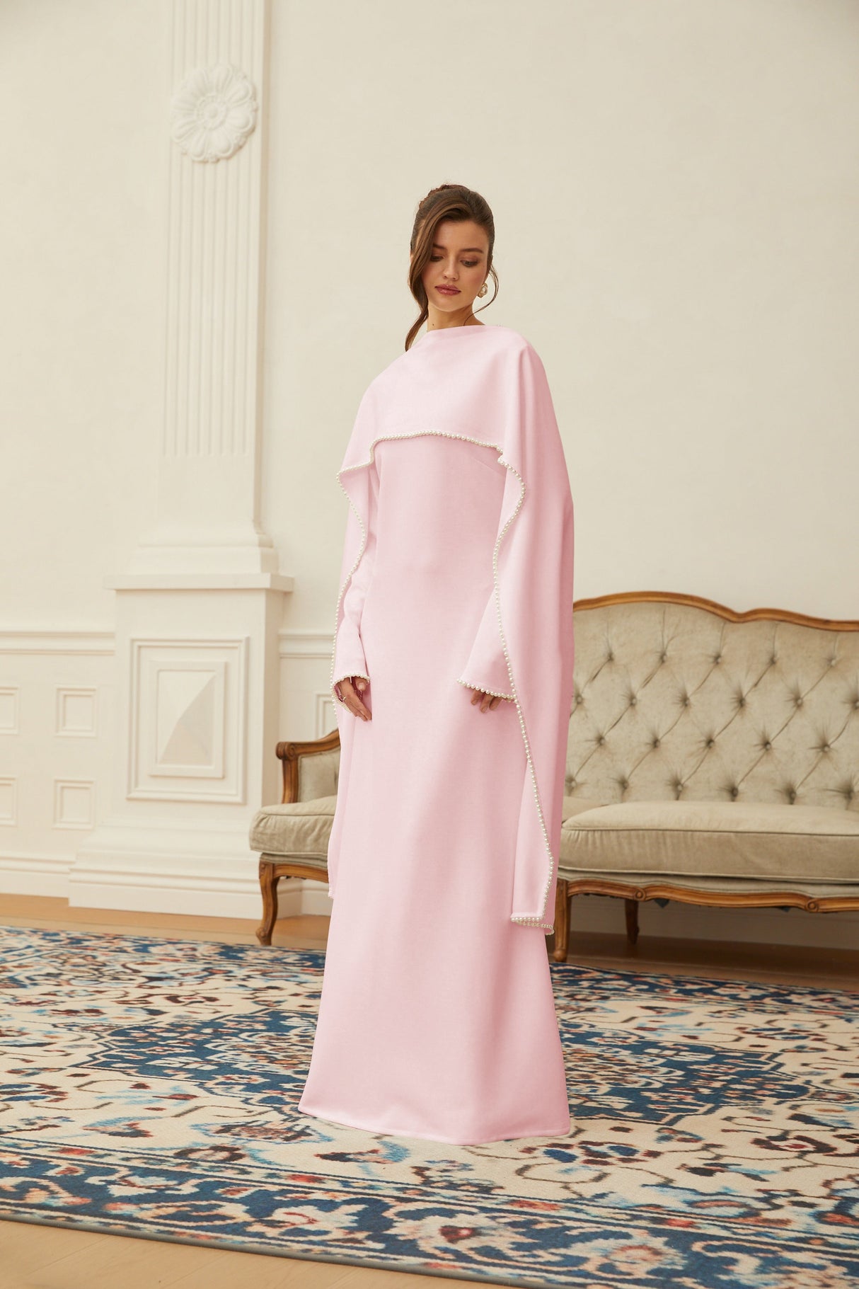 Aurohaya Piroska Pink Pearl Trim Shawl Detail Maxi Dress