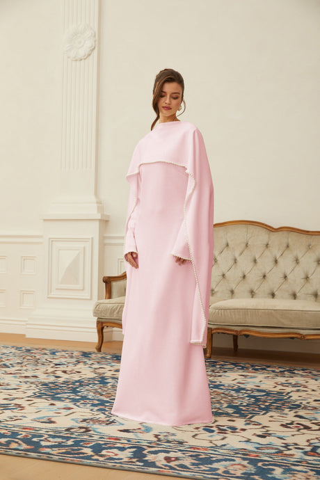 Aurohaya Piroska Pink Pearl Trim Shawl Detail Maxi Dress