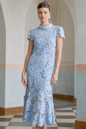 Aurohaya Aurore Blue Floral Appliqué Lace Midi Dress
