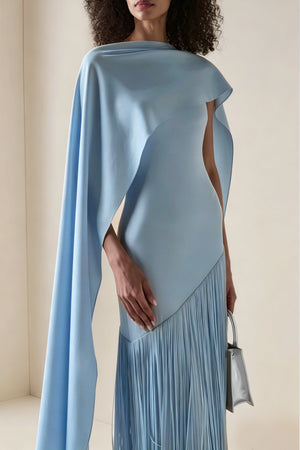 Aurohaya Cayetana Sapphire Blue Fringe Maxi Dress with Cape Effect