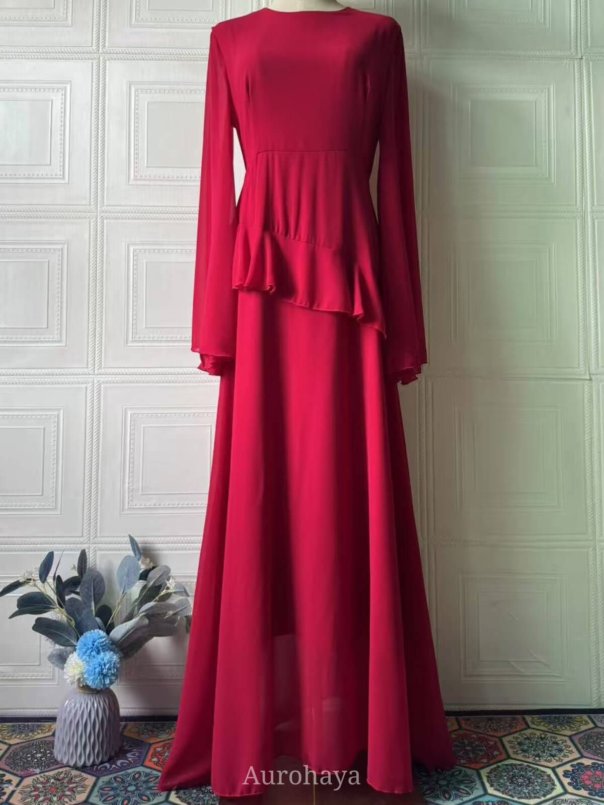 Ruffle Trim Lace-Up Round Neck Long-Sleeve Maxi Dress