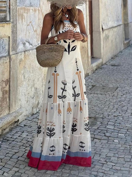 Aurohaya Fashion Personality Abstract Plant Print A-Line Maxi Dress