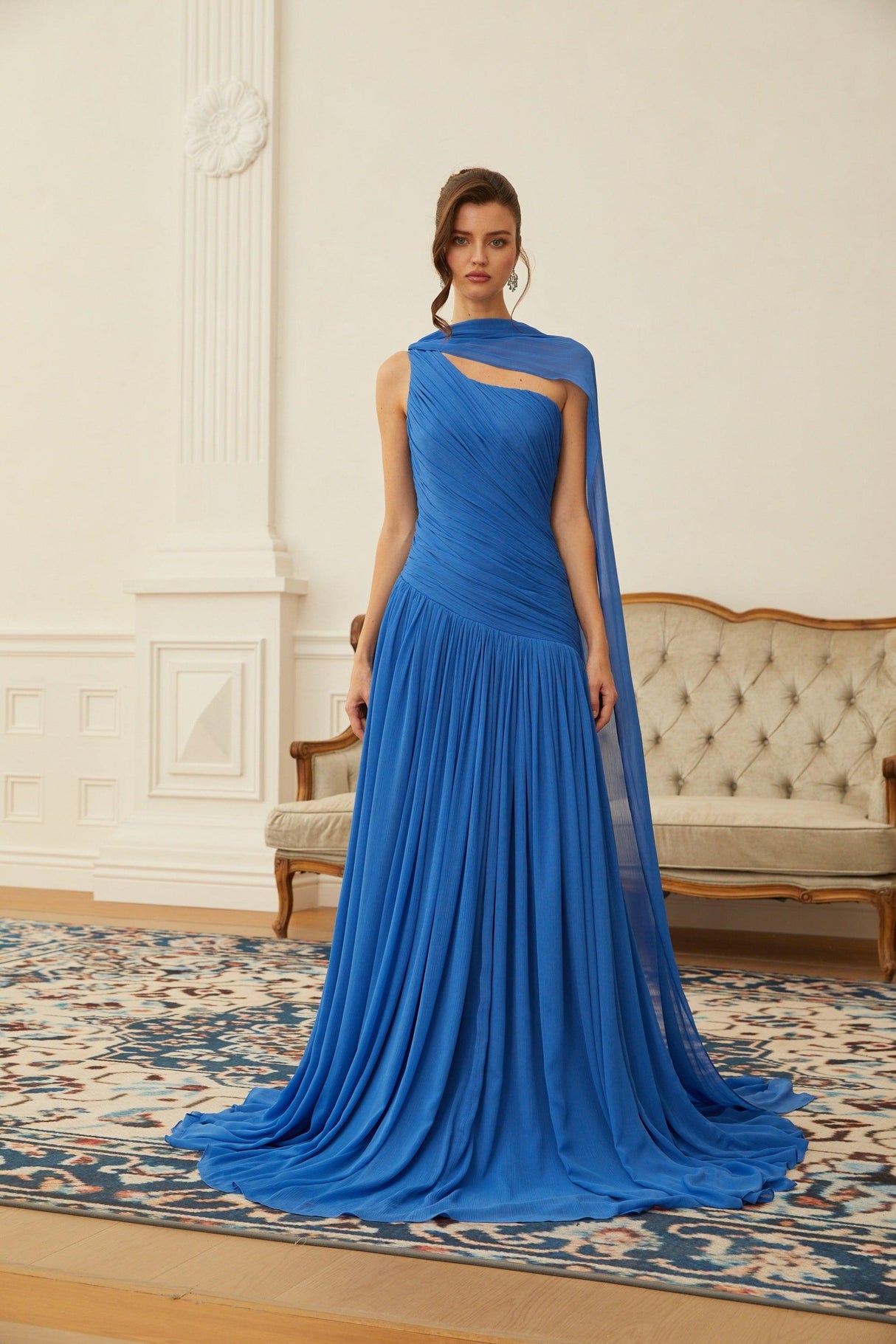 Aurohaya Faustine Blue Cape Design Ruched Maxi Dress