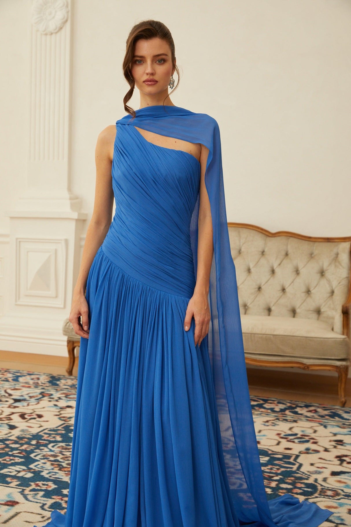 Aurohaya Faustine Blue Cape Design Ruched Maxi Dress