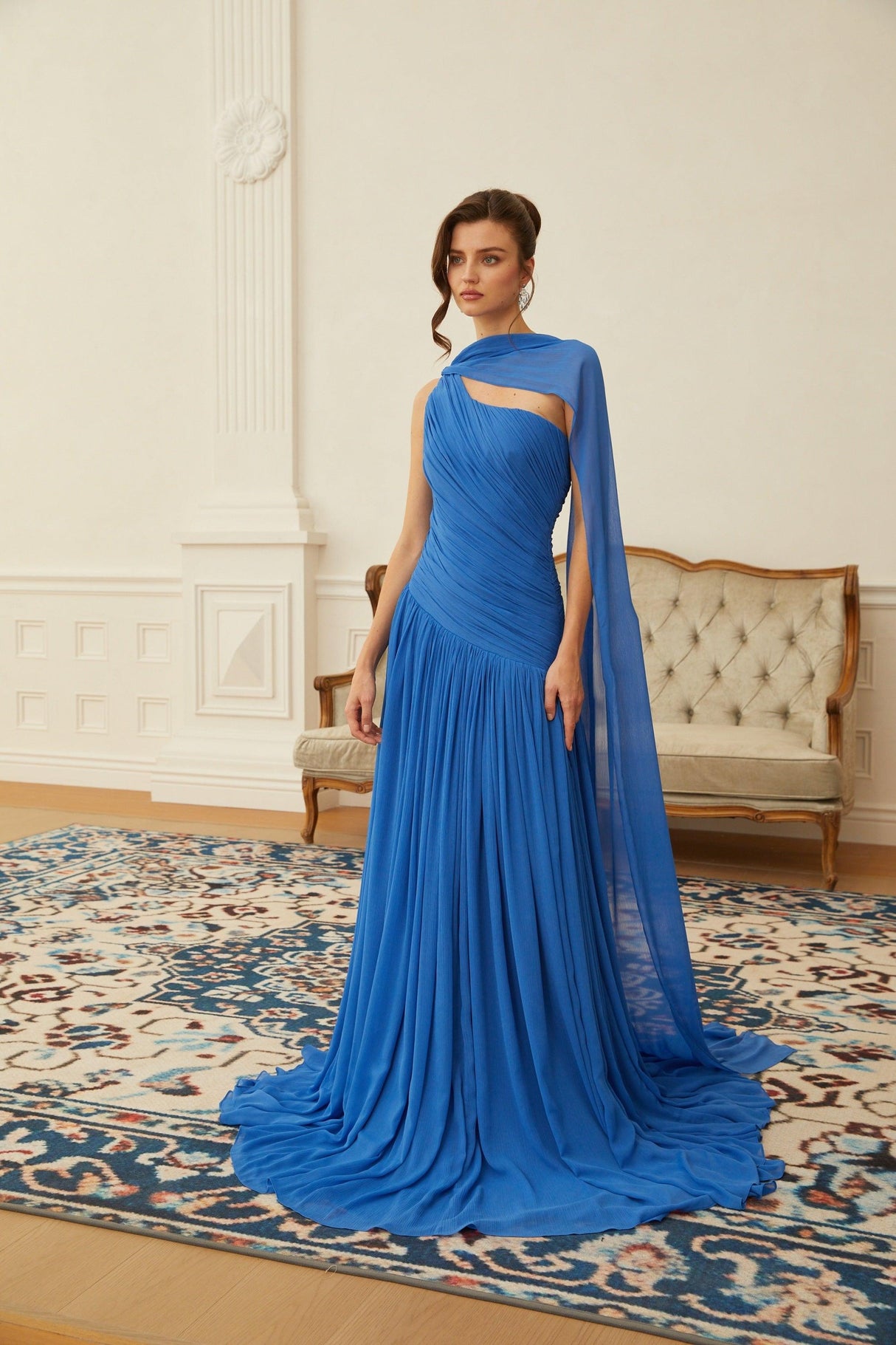 Aurohaya Faustine Blue Cape Design Ruched Maxi Dress