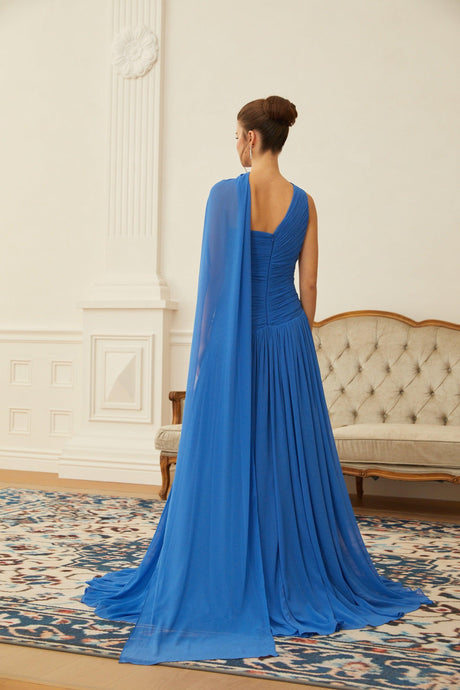 Aurohaya Faustine Blue Cape Design Ruched Maxi Dress