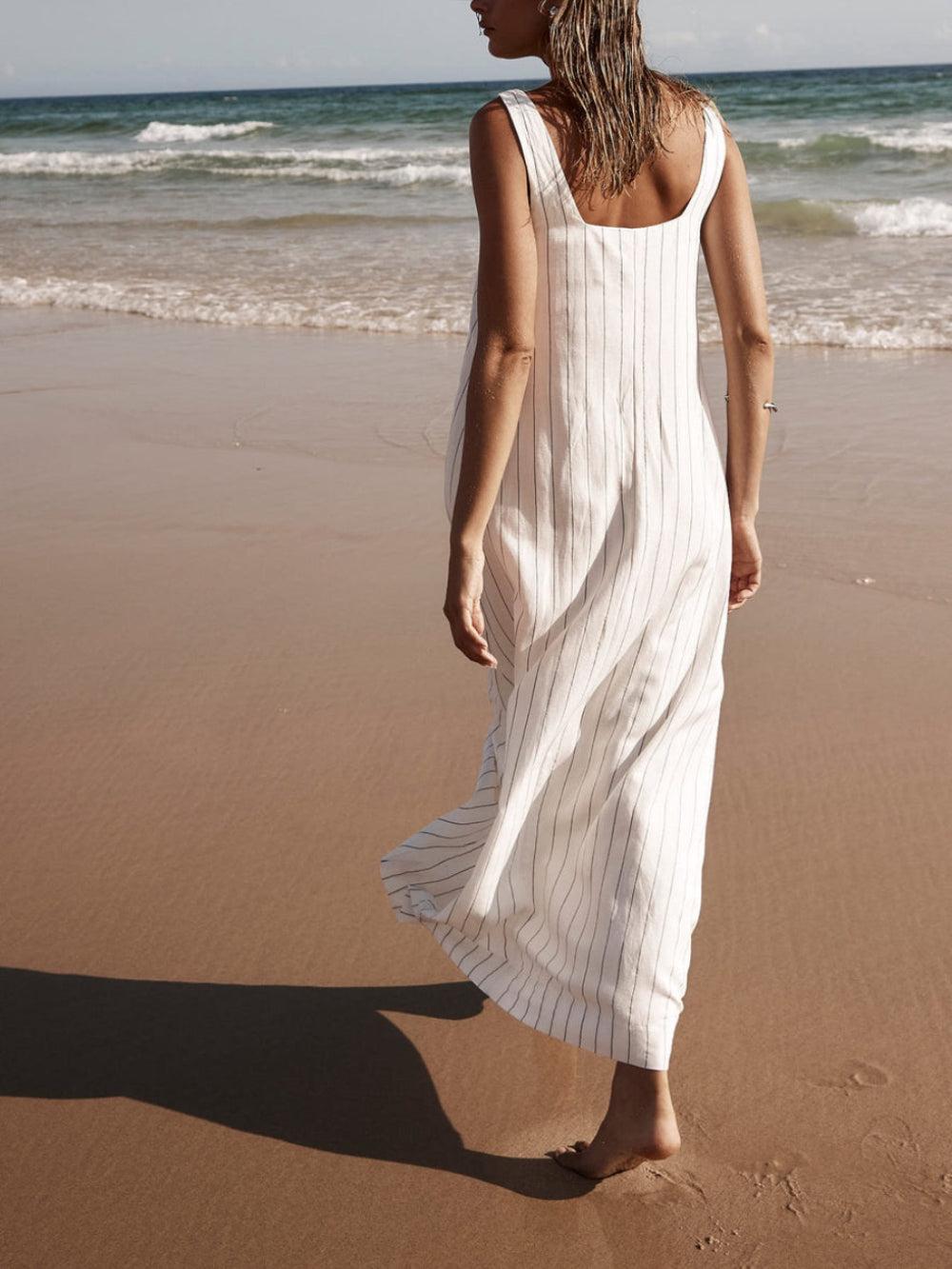 Aurohaya White With Charcoal Pinstripe Maxi Dress