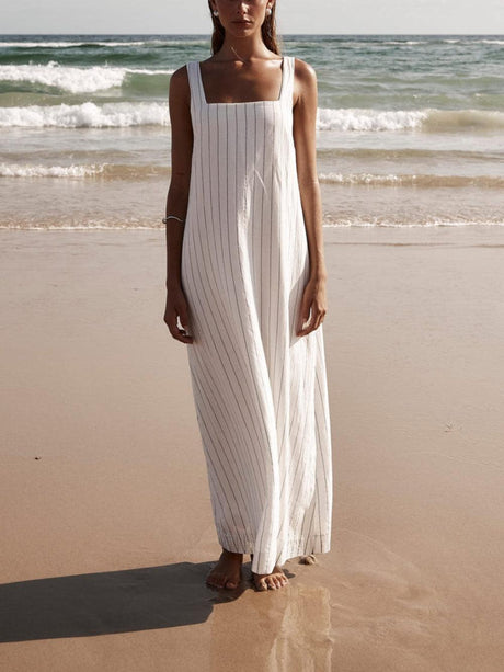 Aurohaya White With Charcoal Pinstripe Maxi Dress