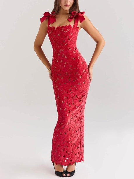 Aurohaya Elegant Bow Strap Festive Maxi Dress Red