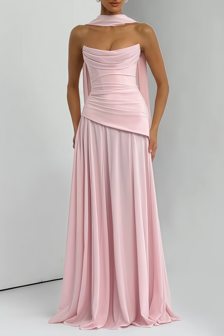 Aurohaya Romane Pink Strapless Corset Chiffon Maxi Dress