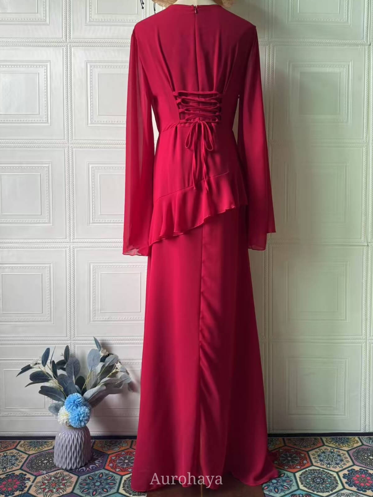 Ruffle Trim Lace-Up Round Neck Long-Sleeve Maxi Dress