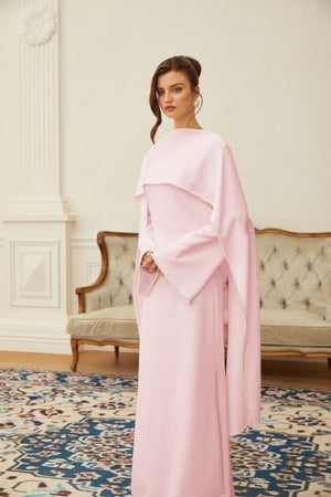 Aurohaya Piroska Pink Pearl Trim Shawl Detail Maxi Dress