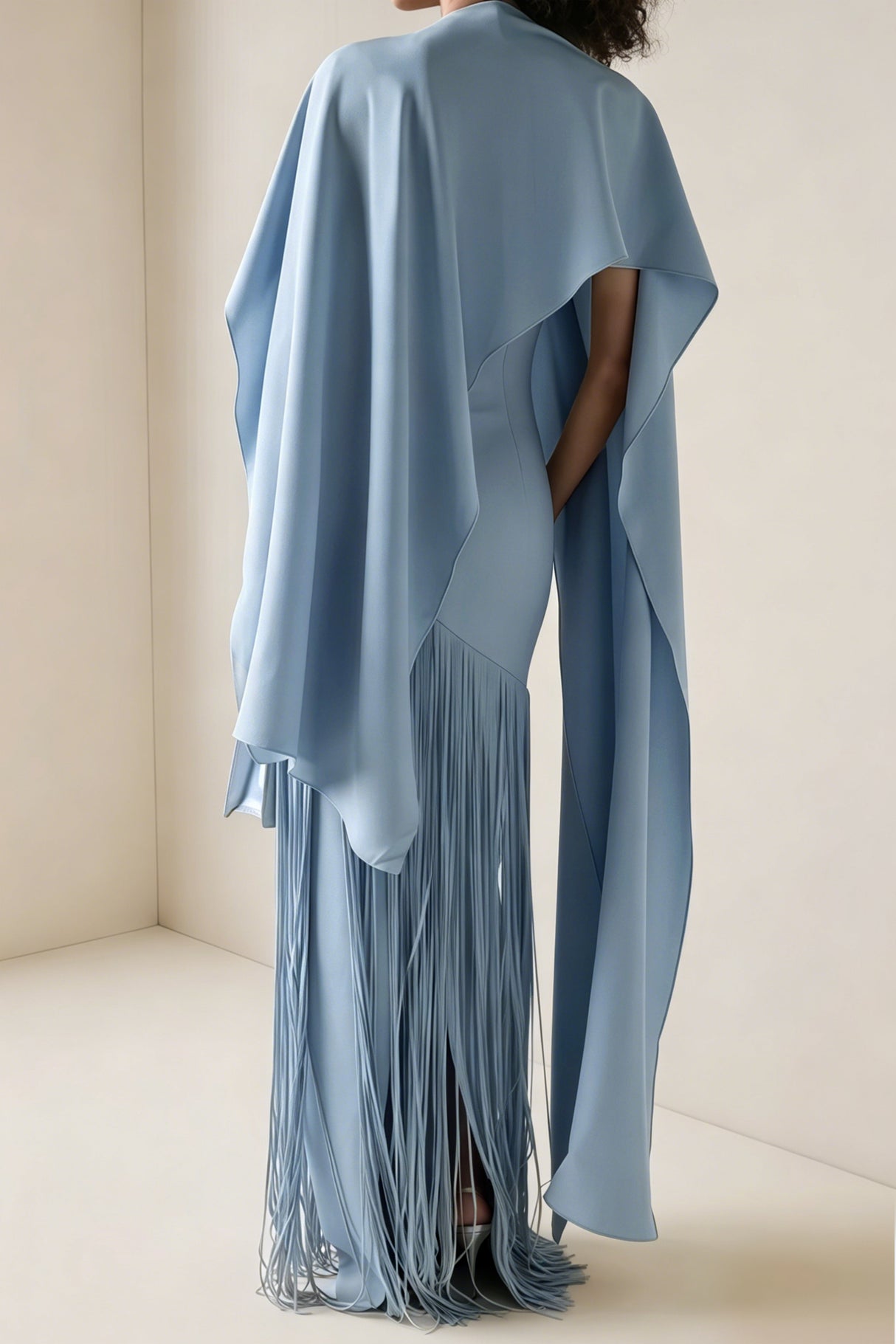 Aurohaya Cayetana Sapphire Blue Fringe Maxi Dress with Cape Effect