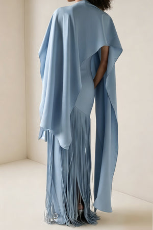 Aurohaya Cayetana Sapphire Blue Fringe Maxi Dress with Cape Effect