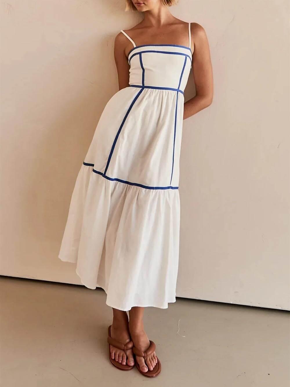 Aurohaya Contrast Color Trim Adjustable Straps Midi Dress Blue
