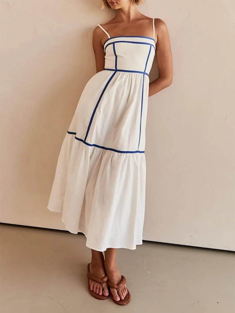 Aurohaya Contrast Color Trim Adjustable Straps Midi Dress Blue