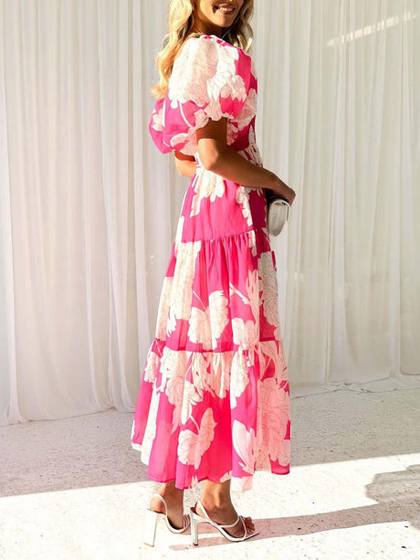 Aurohaya Unique Floral Print Patchwork Up Pleated Maxi Dress