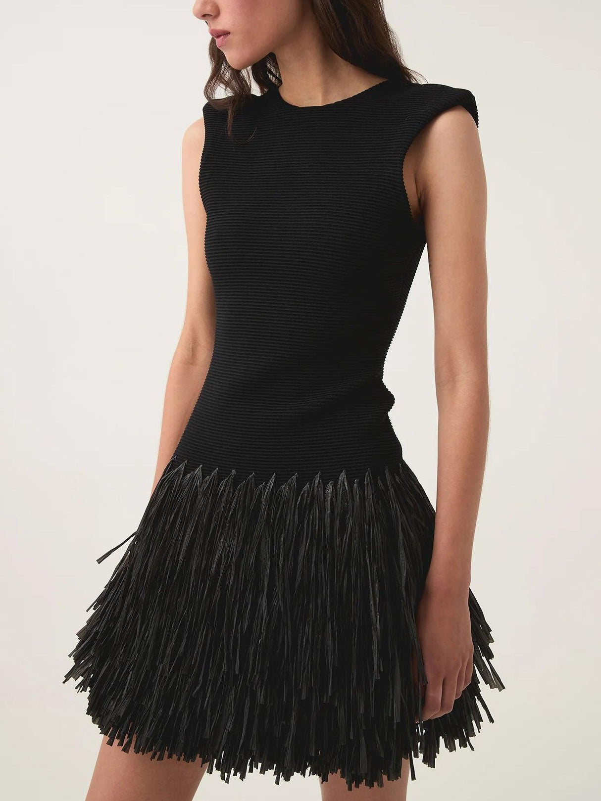 Aurohaya Elegant Raffia Layered Fringed Knitted Mini Dress