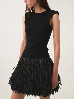 Aurohaya Elegant Raffia Layered Fringed Knitted Mini Dress