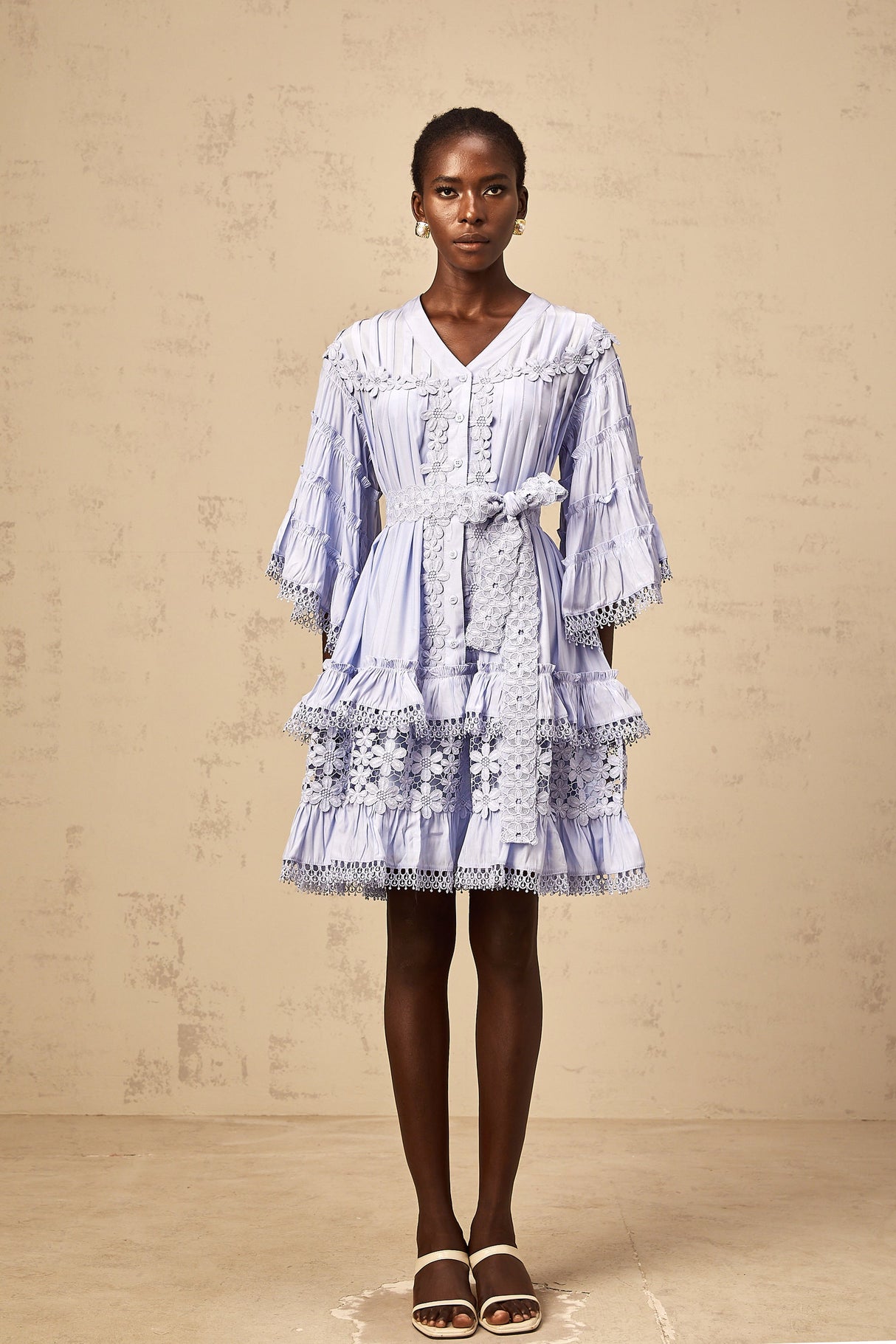 Aurohaya Gaëlle light-blue floral-embroidered tiered mini dress