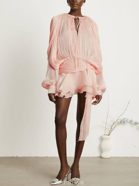 Aurohaya Amélie Fully Pleated Ruffled Mini Dress Pink