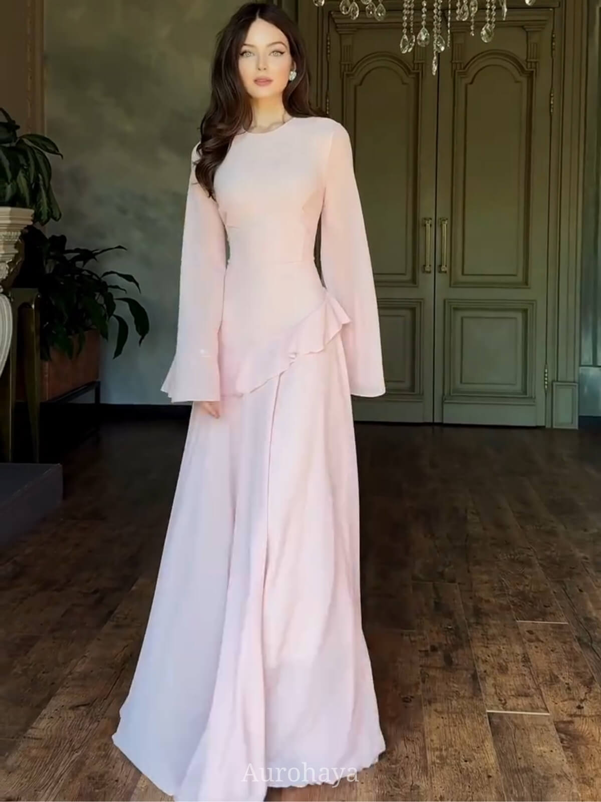 Ruffle Trim Lace-Up Round Neck Long-Sleeve Maxi Dress