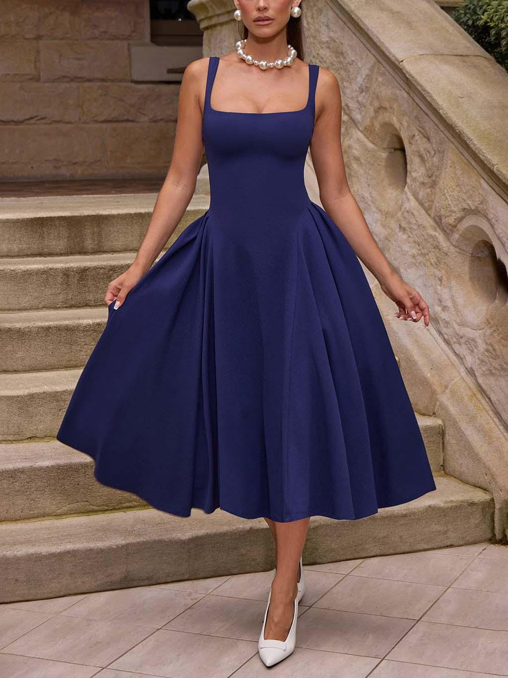 Aurohaya Elegant Retro Square Neck Slim Midi Dress Blue