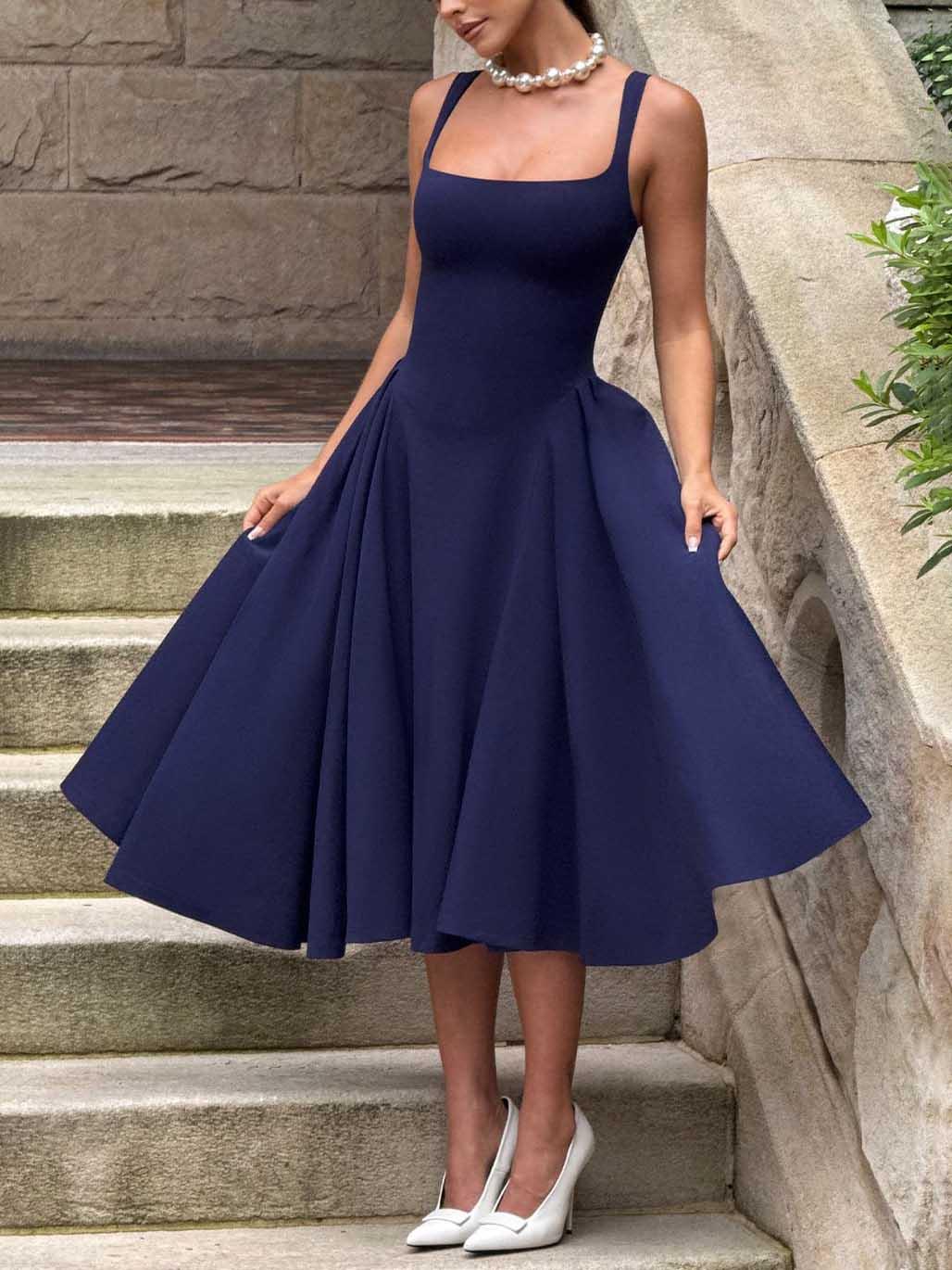 Aurohaya Elegant Retro Square Neck Slim Midi Dress