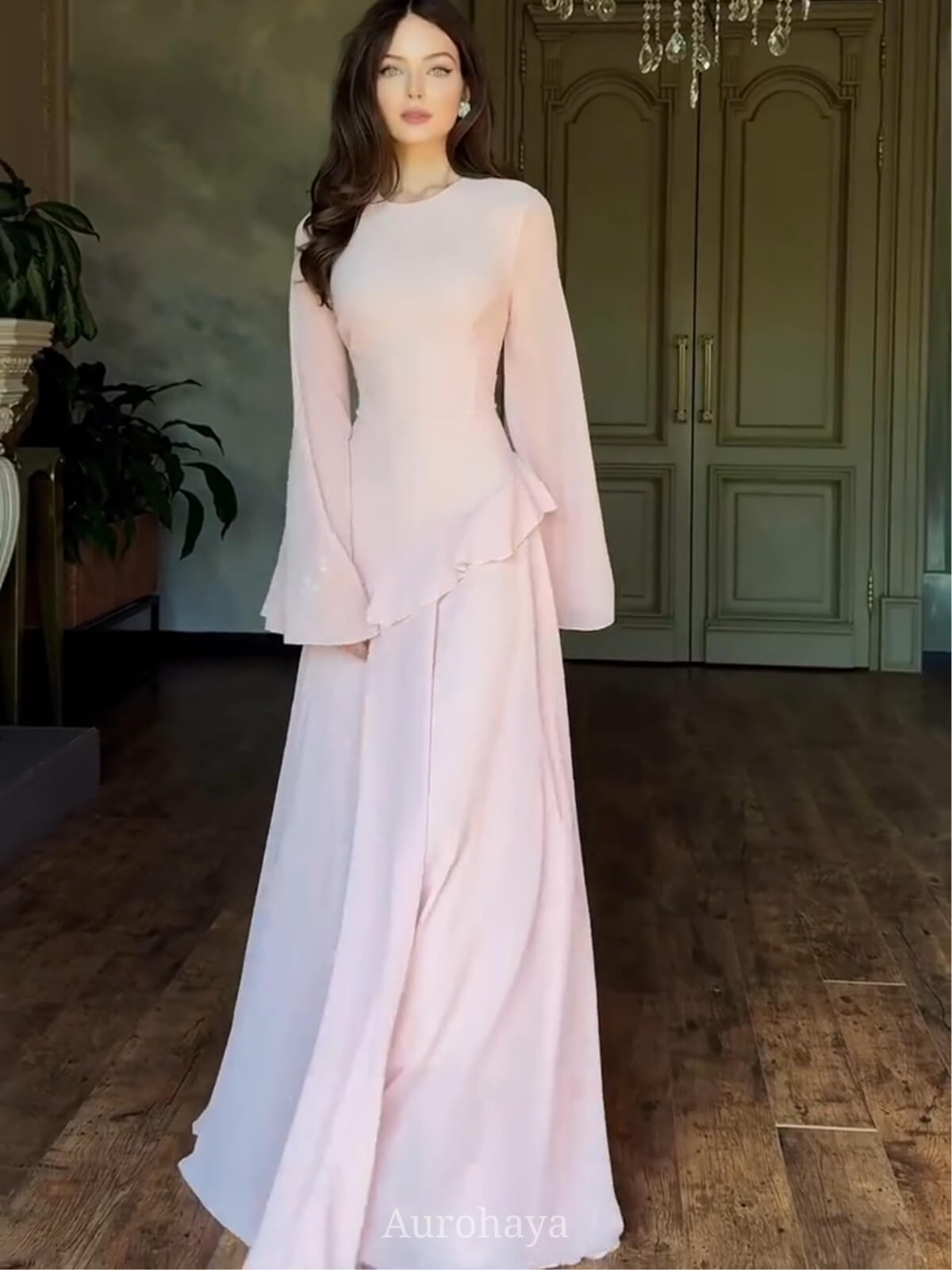 Ruffle Trim Lace-Up Round Neck Long-Sleeve Maxi Dress