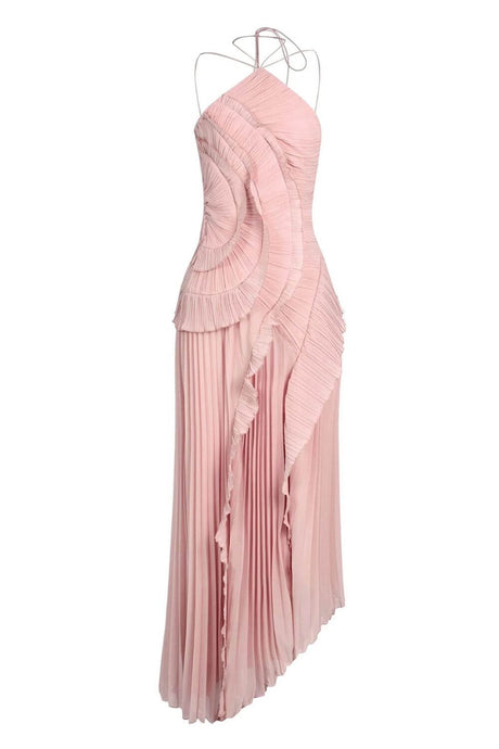 Aurohaya Véronique Ruffle Halter-Neck Pleated Maxi Dress