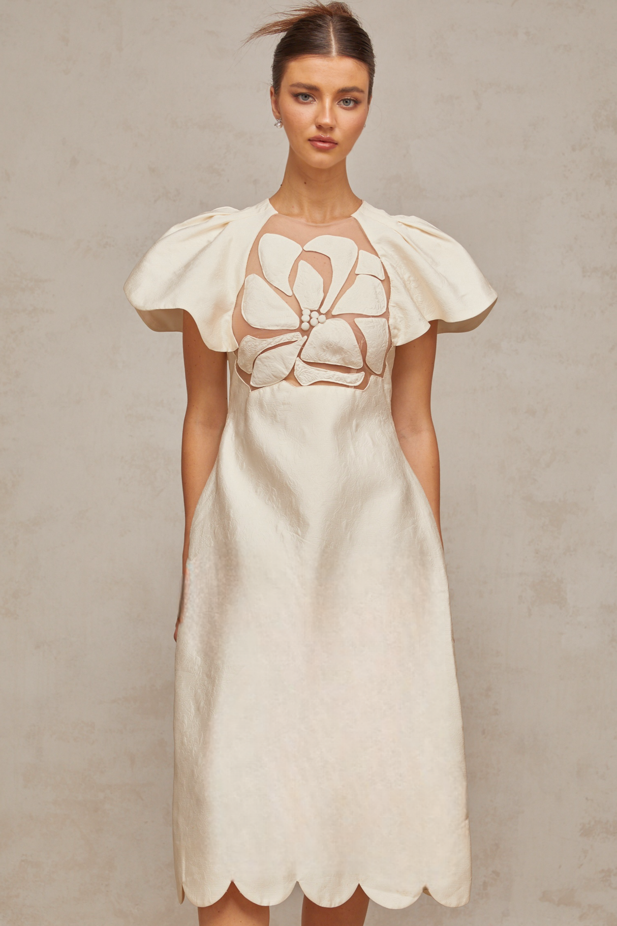 Aurohaya Ségolène white flower jacquard midi dress