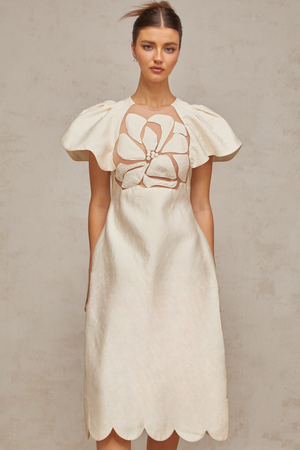 Aurohaya Ségolène white flower jacquard midi dress